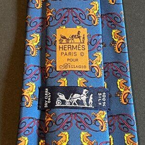 Hermès Tie made for the Bellagio Boutique, Blue with Seahorses and B Logo Print